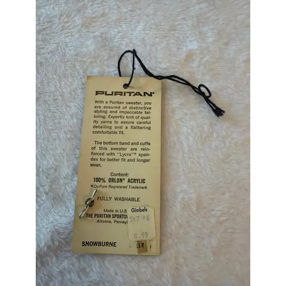 Vintage Puritan Sportswear Snowburne Sweater Hang Tag Snowflake Button USA